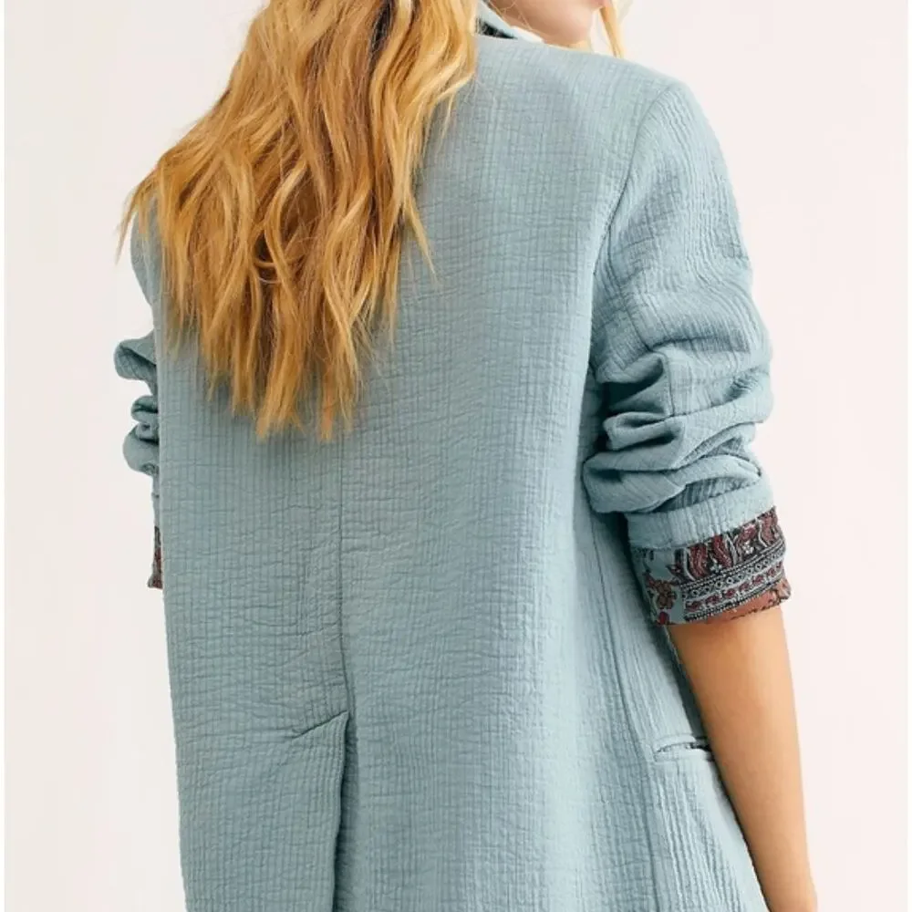 FREE PEOPLE Rowan Double Breasted Gauze Oversized Blazer Sage Blue Sz M {P28}